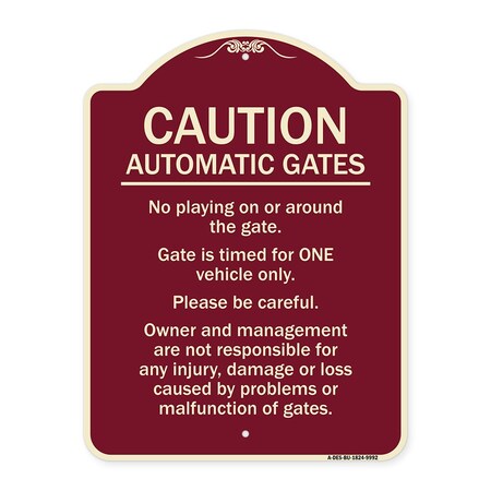 Signmission Designer Series-Caution Automatic Gates No Playing Gate Is Timed For One, 24" x 18", BU-1824-9992 A-DES-BU-1824-9992